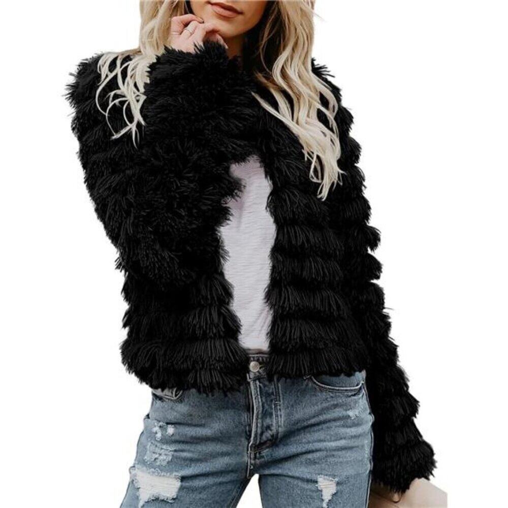 Women’s Open Front Faux Fur Cardigan Black Cozy Vintage Shaggy Fall Coat